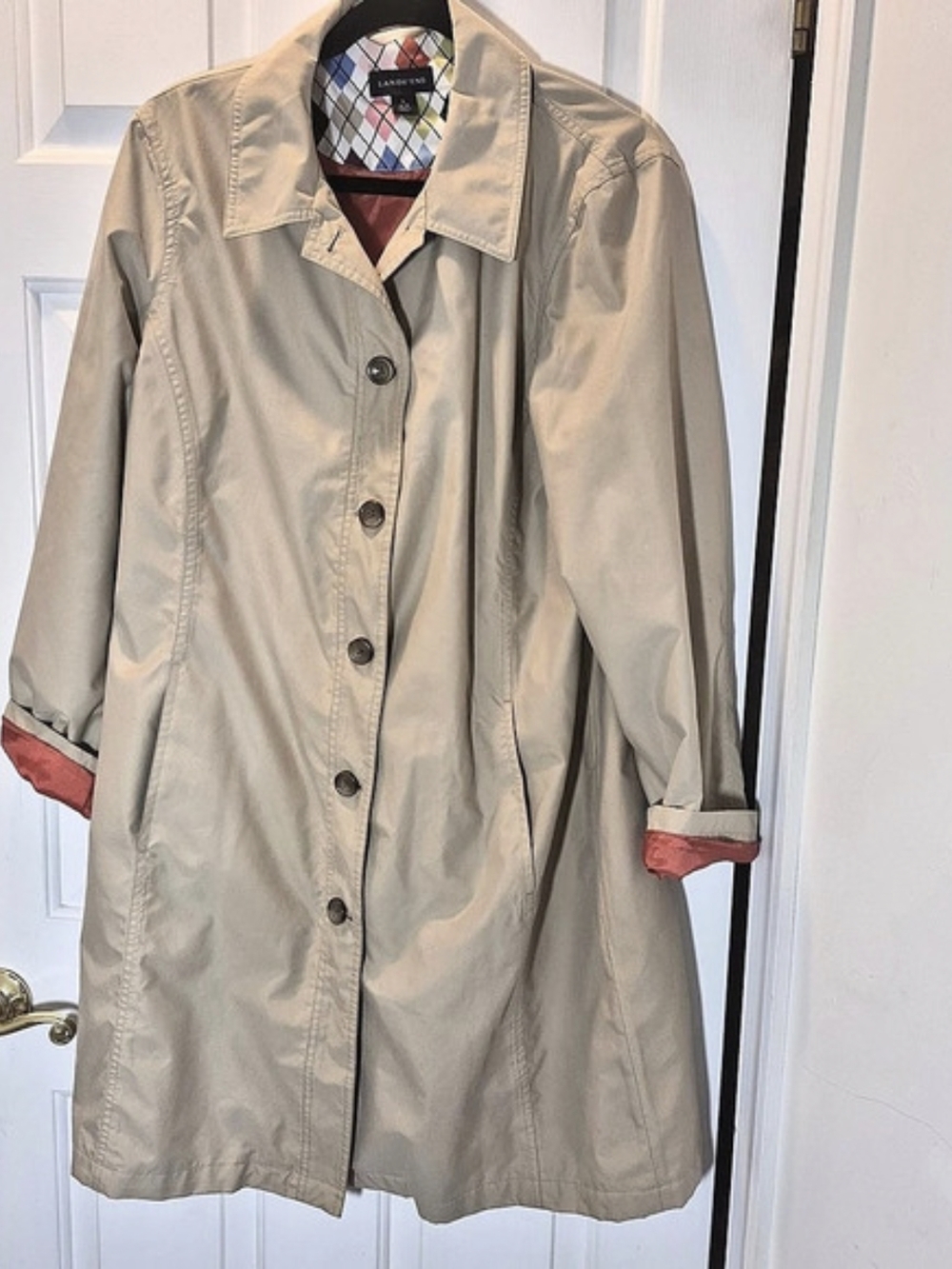 Lands' End Plaid Lined Trench Coat Beige Size Large
